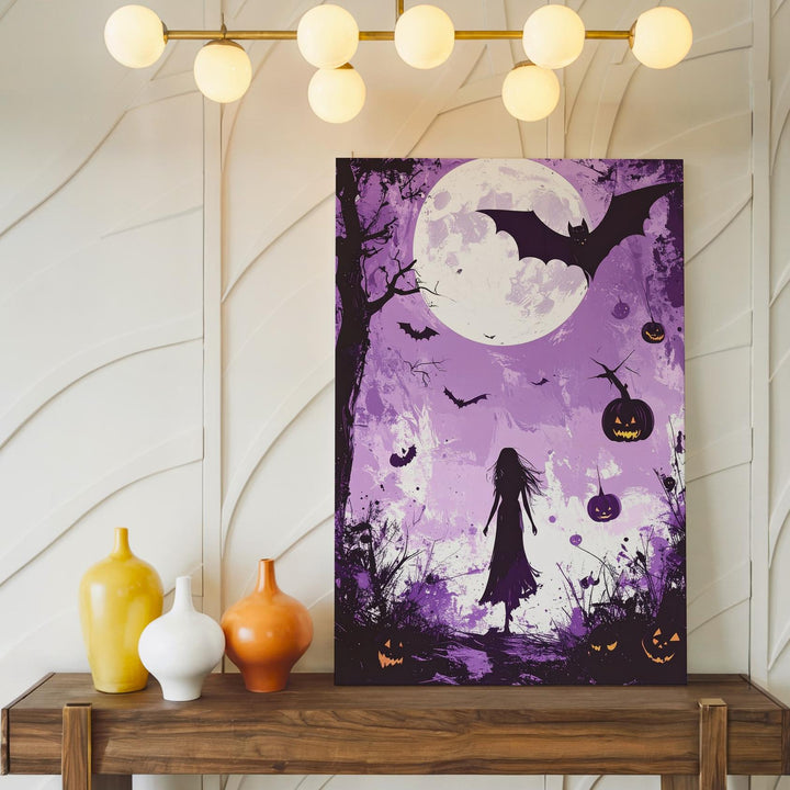 Violet Forest Walk Canvas – Surreal Moon & Floating Jack-o’-Lanterns Art - Gifitto
