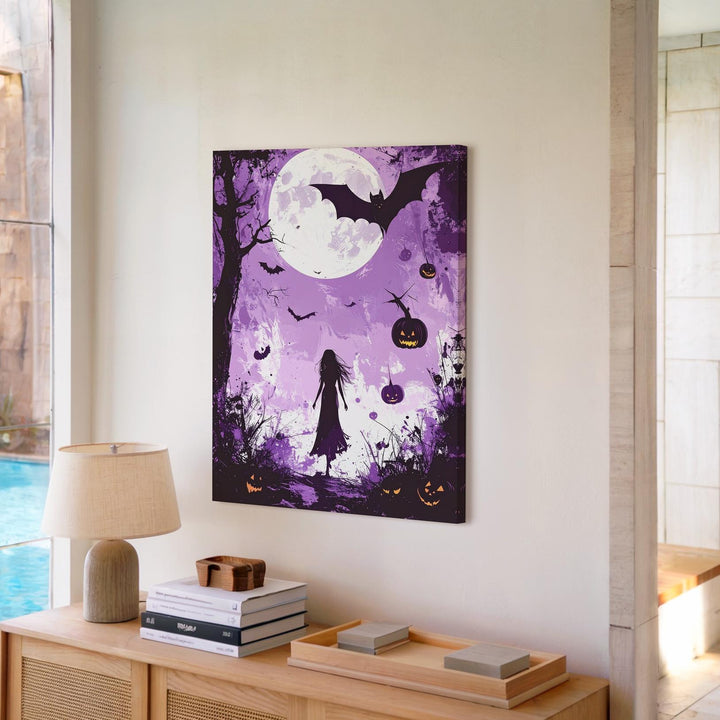Violet Forest Walk Canvas – Surreal Moon & Floating Jack-o’-Lanterns Art - Gifitto