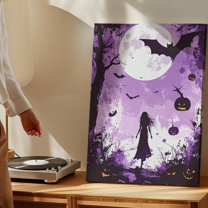 Violet Forest Walk Canvas – Surreal Moon & Floating Jack-o’-Lanterns Art - Gifitto