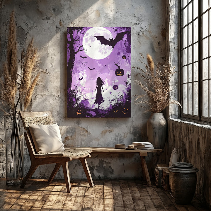 Violet Forest Walk Canvas – Surreal Moon & Floating Jack-o’-Lanterns Art - Gifitto