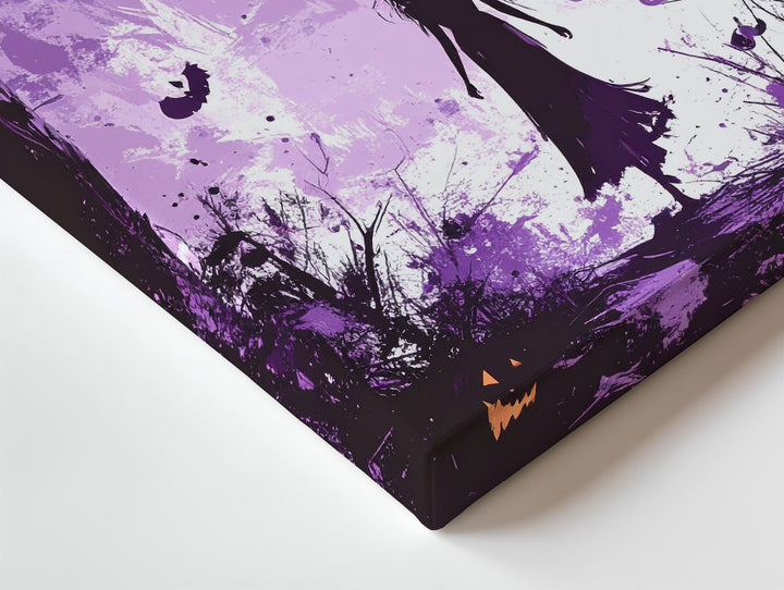 Violet Forest Walk Canvas – Surreal Moon & Floating Jack-o’-Lanterns Art - Gifitto