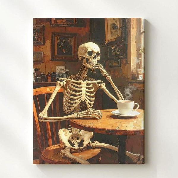 Contemplative Skeleton Café Canvas – Cozy Halloween Tavern Scene with Mug - Gifitto