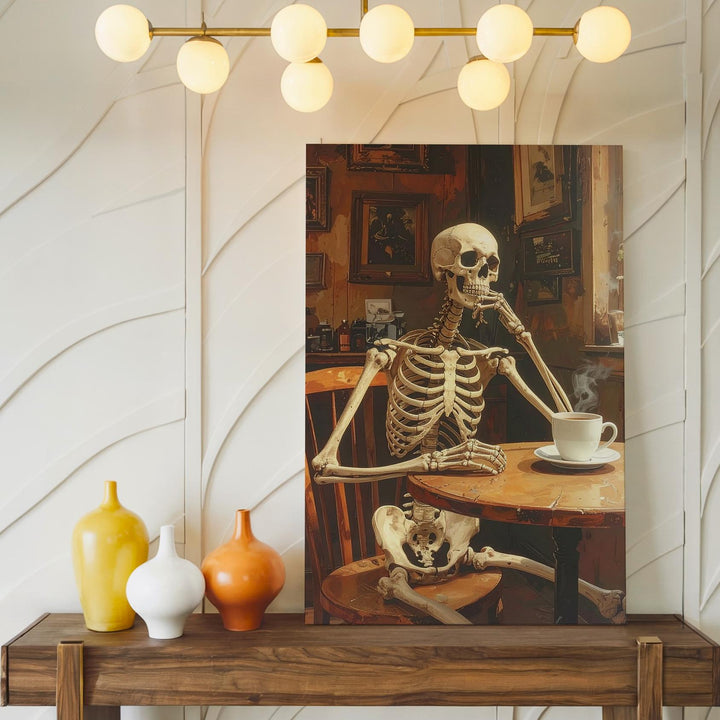 Contemplative Skeleton Café Canvas – Cozy Halloween Tavern Scene with Mug - Gifitto