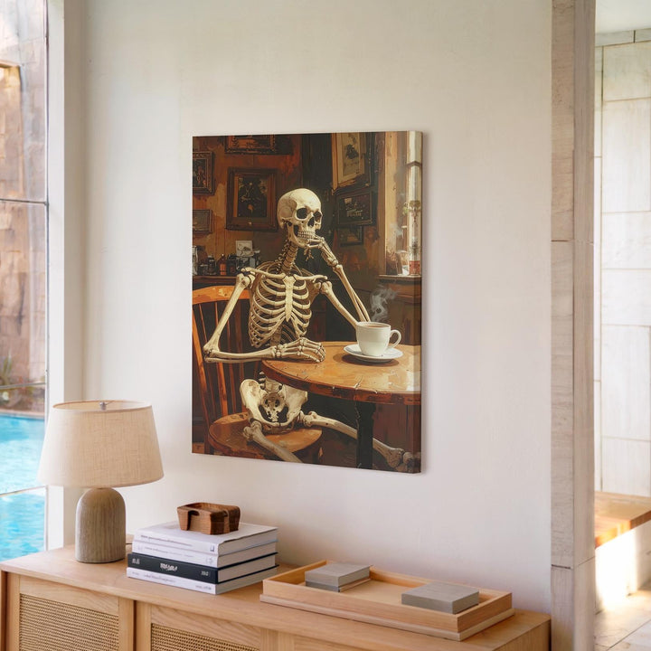 Contemplative Skeleton Café Canvas – Cozy Halloween Tavern Scene with Mug - Gifitto