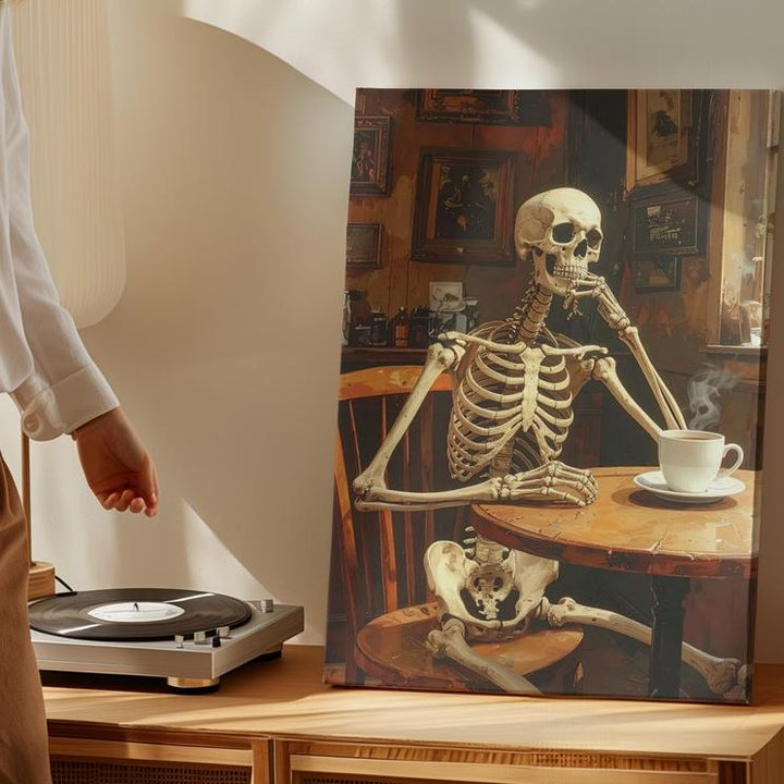 Contemplative Skeleton Café Canvas – Cozy Halloween Tavern Scene with Mug - Gifitto