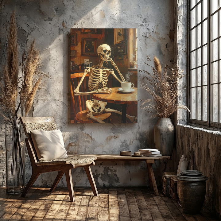 Contemplative Skeleton Café Canvas – Cozy Halloween Tavern Scene with Mug - Gifitto