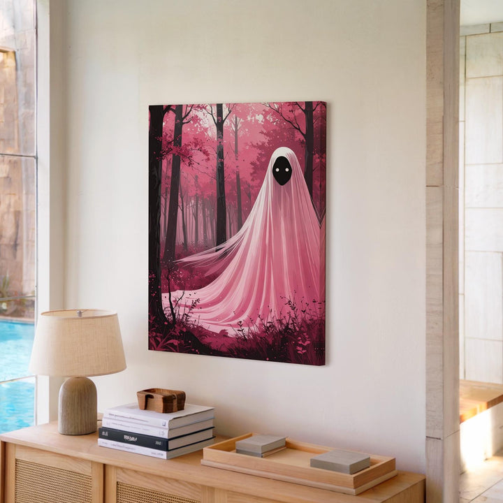 Surreal Forest Ghost Canvas – Dreamlike Pink Halloween Art - Gifitto