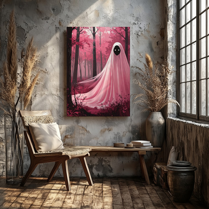 Surreal Forest Ghost Canvas – Dreamlike Pink Halloween Art - Gifitto