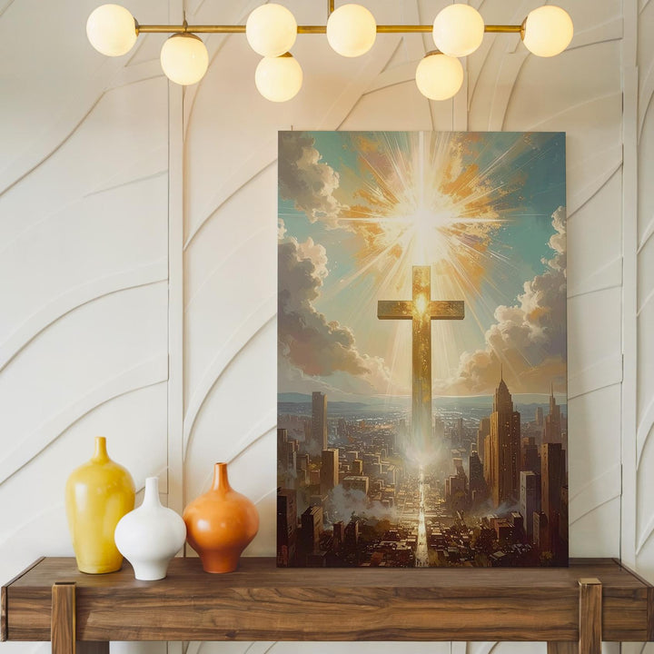 Luminous Glowing Cross Canvas – Celestial Christian Wall Art of Divine Light and Salvation - Gifitto
