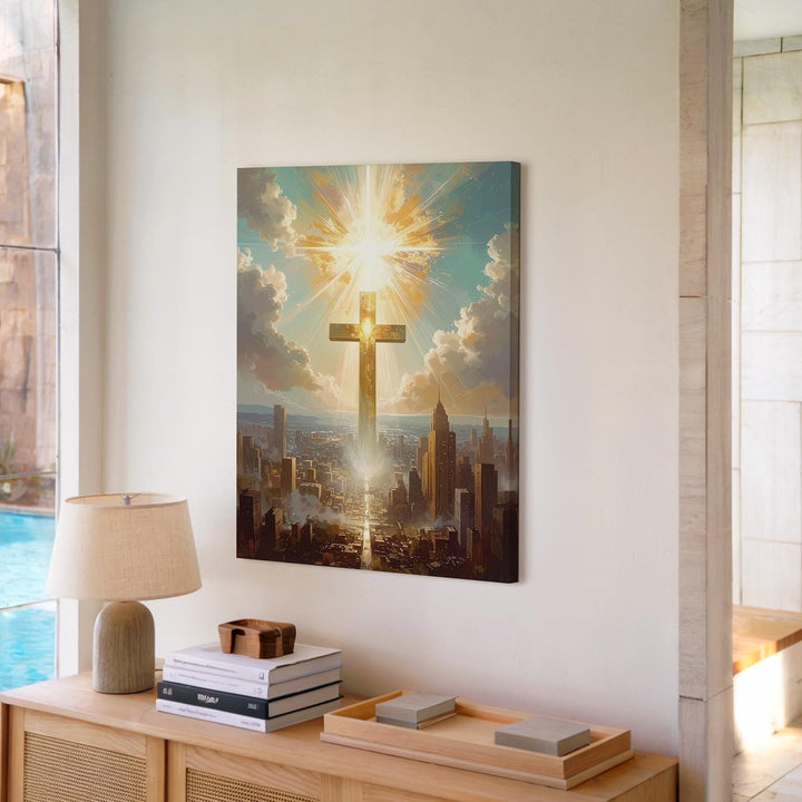 Luminous Glowing Cross Canvas – Celestial Christian Wall Art of Divine Light and Salvation - Gifitto