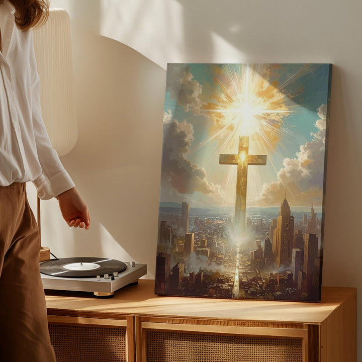 Luminous Glowing Cross Canvas – Celestial Christian Wall Art of Divine Light and Salvation - Gifitto