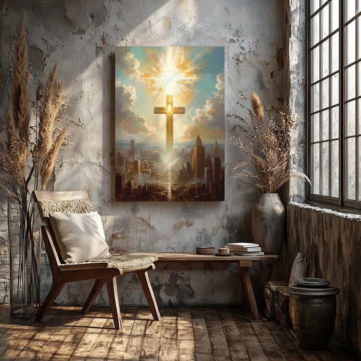 Luminous Glowing Cross Canvas – Celestial Christian Wall Art of Divine Light and Salvation - Gifitto