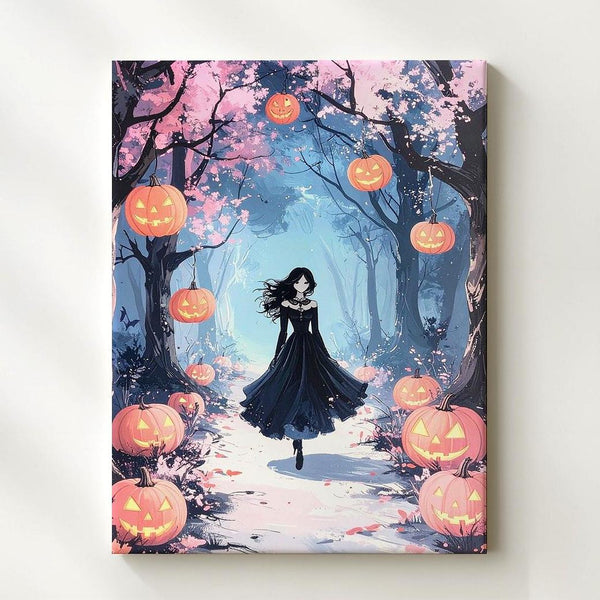 Magical Forest Path Canvas – Floating Pumpkins & Ghostly Figure Art - Gifitto