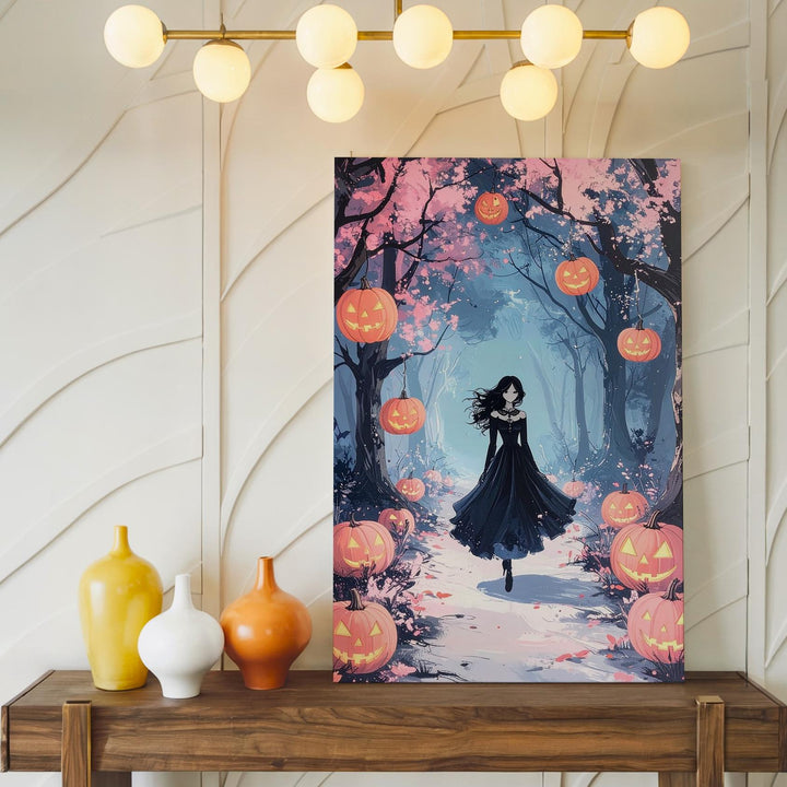 Magical Forest Path Canvas – Floating Pumpkins & Ghostly Figure Art - Gifitto