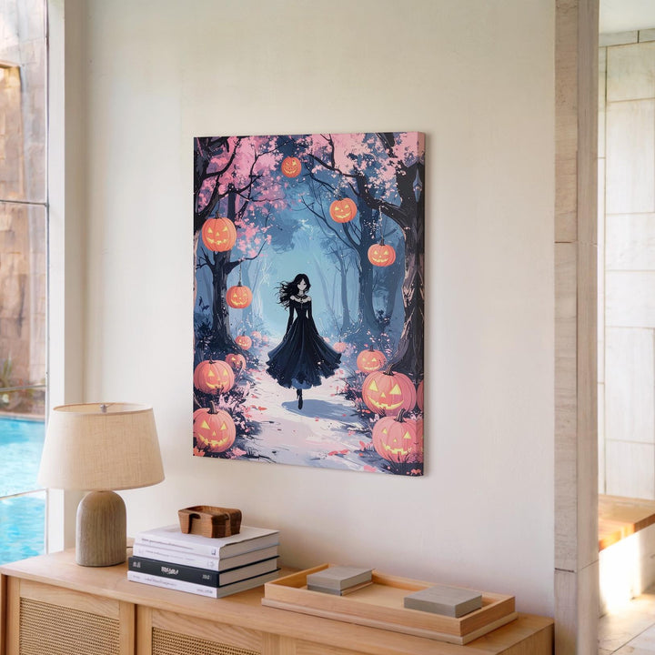 Magical Forest Path Canvas – Floating Pumpkins & Ghostly Figure Art - Gifitto