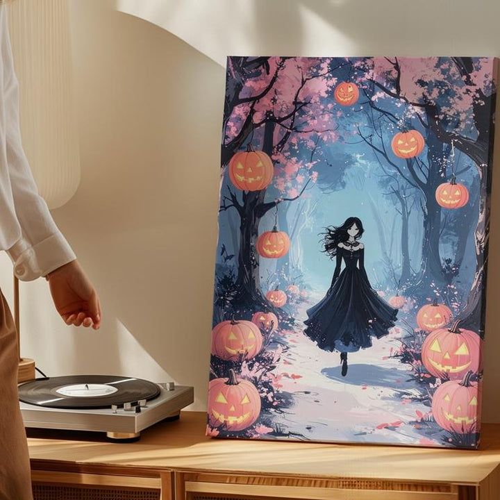 Magical Forest Path Canvas – Floating Pumpkins & Ghostly Figure Art - Gifitto