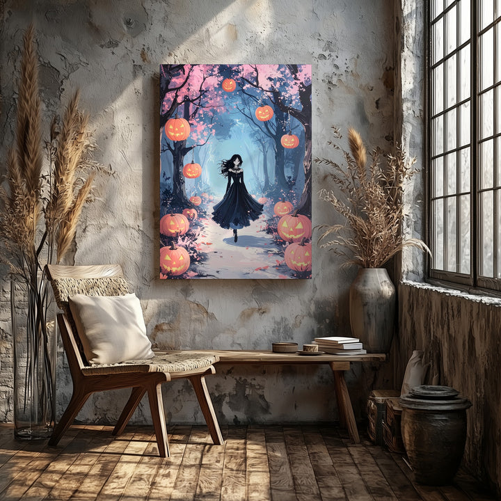 Magical Forest Path Canvas – Floating Pumpkins & Ghostly Figure Art - Gifitto