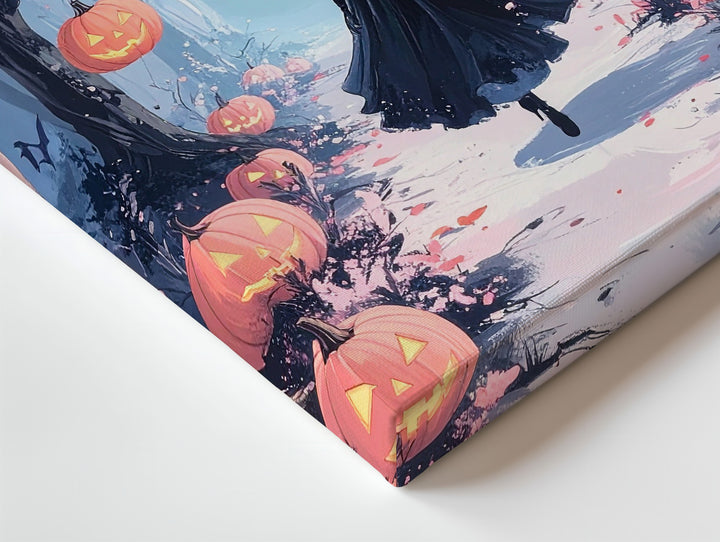 Magical Forest Path Canvas – Floating Pumpkins & Ghostly Figure Art - Gifitto