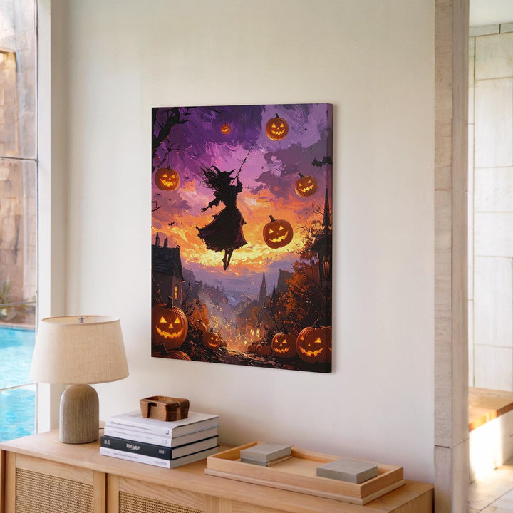Enchanted Witch Flight Canvas – Fantasy Halloween Sky Wall Art - Gifitto