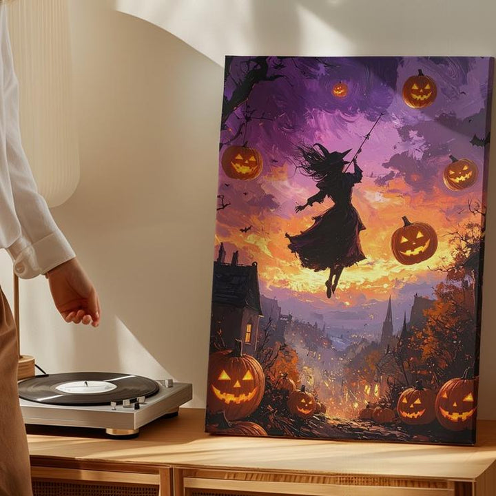 Enchanted Witch Flight Canvas – Fantasy Halloween Sky Wall Art - Gifitto