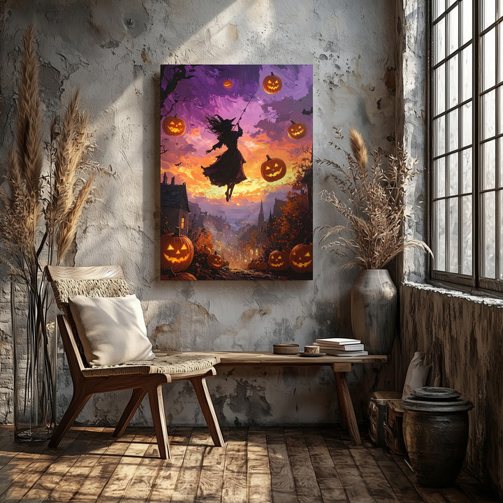 Enchanted Witch Flight Canvas – Fantasy Halloween Sky Wall Art - Gifitto
