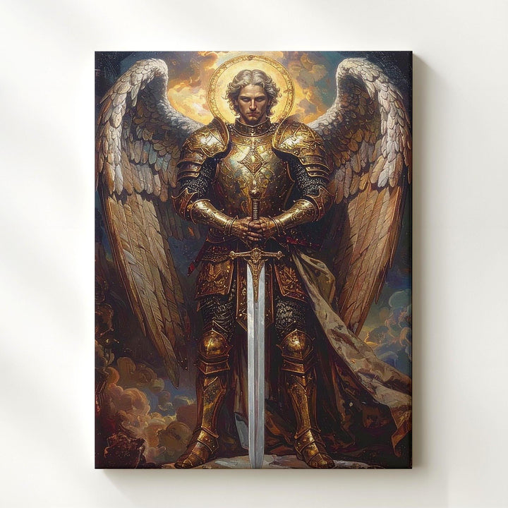 Majestic Angel with Sword Canvas – Powerful Christian Wall Art of Divine Strength and Guardianship - Gifitto