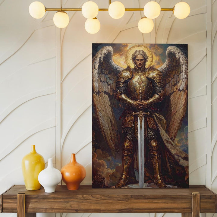 Majestic Angel with Sword Canvas – Powerful Christian Wall Art of Divine Strength and Guardianship - Gifitto