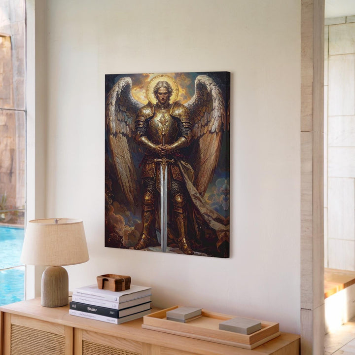 Majestic Angel with Sword Canvas – Powerful Christian Wall Art of Divine Strength and Guardianship - Gifitto
