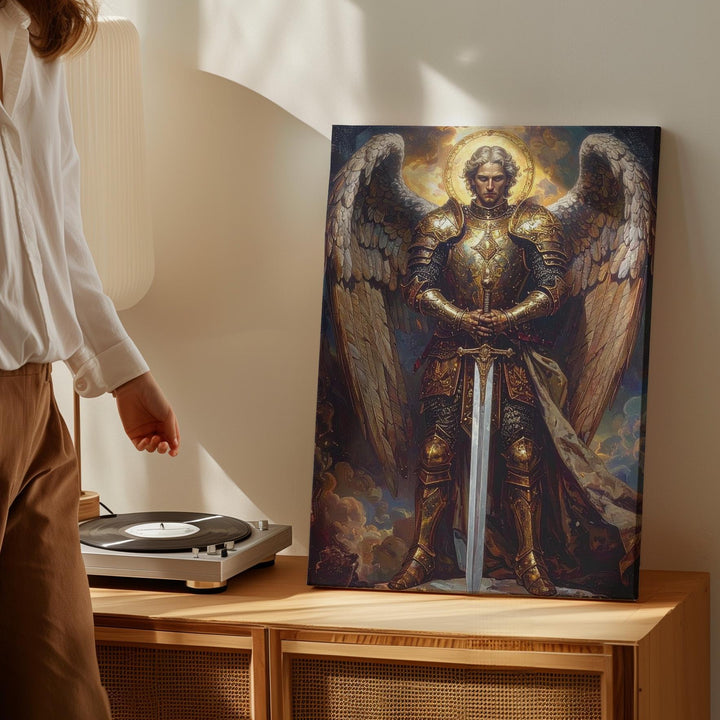 Majestic Angel with Sword Canvas – Powerful Christian Wall Art of Divine Strength and Guardianship - Gifitto