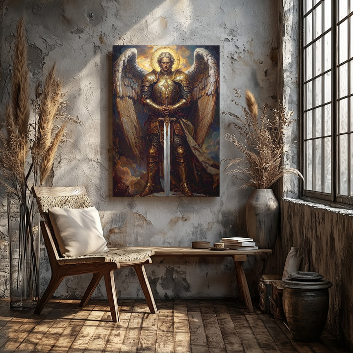 Majestic Angel with Sword Canvas – Powerful Christian Wall Art of Divine Strength and Guardianship - Gifitto