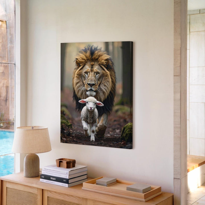 Majestic Lion Carrying Lamb Canvas – Powerful Christian Wall Art of Divine Strength and Protection - Gifitto