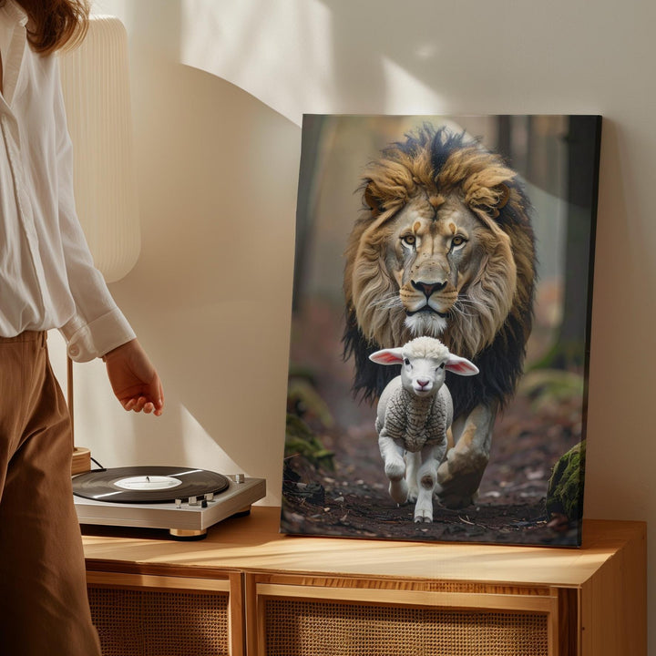 Majestic Lion Carrying Lamb Canvas – Powerful Christian Wall Art of Divine Strength and Protection - Gifitto
