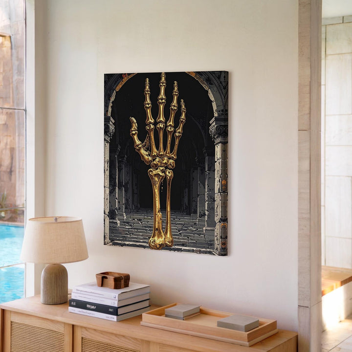 Golden Skeletal Hand Canvas – Mythic Shrine & Divine Apparition Wall Art - Gifitto