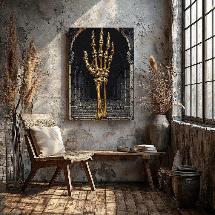 Golden Skeletal Hand Canvas – Mythic Shrine & Divine Apparition Wall Art - Gifitto