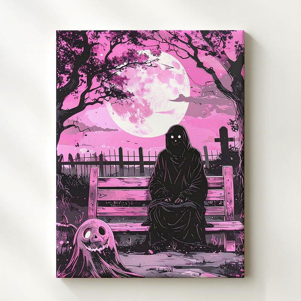 Melancholy Ghost Bench Canvas – Cute & Emotional Halloween Comic Art - Gifitto