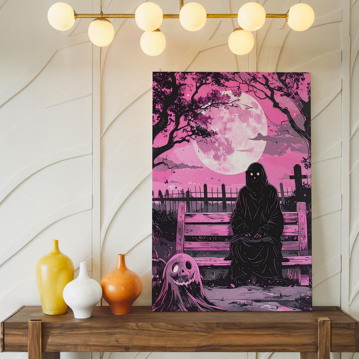 Melancholy Ghost Bench Canvas – Cute & Emotional Halloween Comic Art - Gifitto