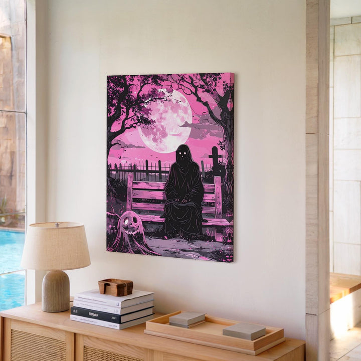 Melancholy Ghost Bench Canvas – Cute & Emotional Halloween Comic Art - Gifitto