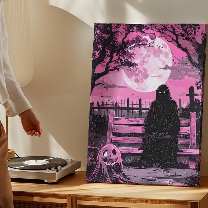 Melancholy Ghost Bench Canvas – Cute & Emotional Halloween Comic Art - Gifitto