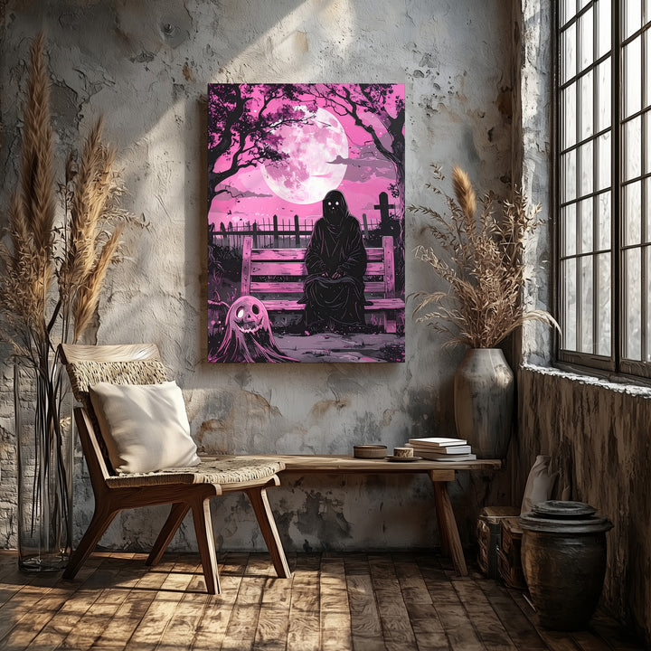 Melancholy Ghost Bench Canvas – Cute & Emotional Halloween Comic Art - Gifitto