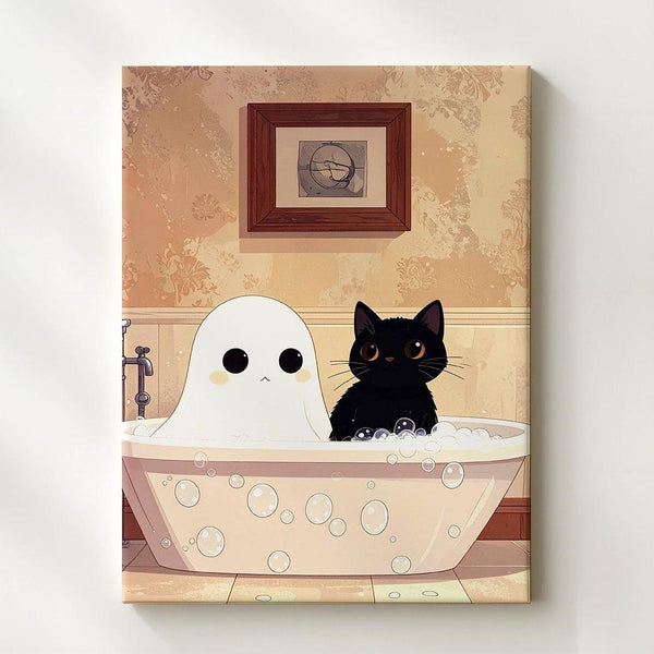 Ghost & Cat Bathtub Canvas – Minimalist Cute Halloween Wall Art - Gifitto