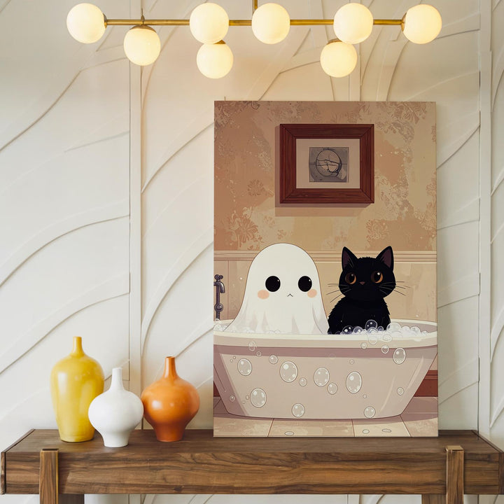 Ghost & Cat Bathtub Canvas – Minimalist Cute Halloween Wall Art - Gifitto