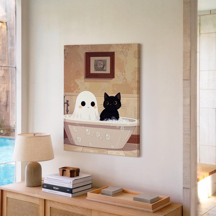 Ghost & Cat Bathtub Canvas – Minimalist Cute Halloween Wall Art - Gifitto