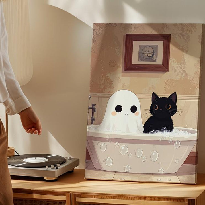 Ghost & Cat Bathtub Canvas – Minimalist Cute Halloween Wall Art - Gifitto