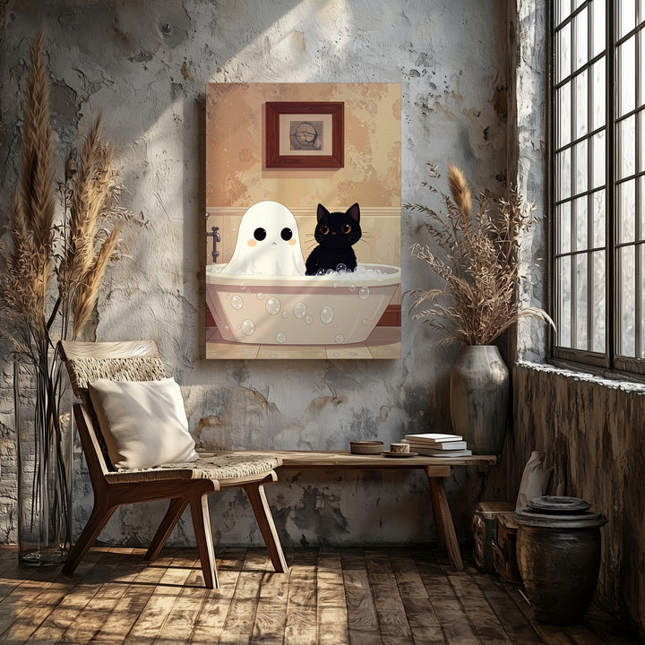 Ghost & Cat Bathtub Canvas – Minimalist Cute Halloween Wall Art - Gifitto