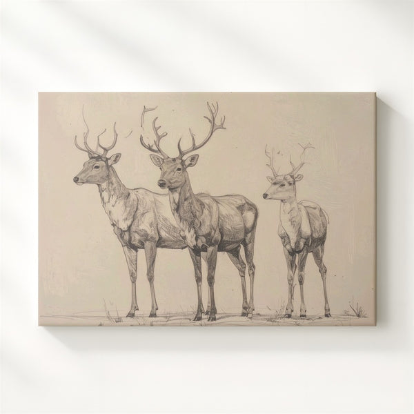 Minimalist Reindeer Trio Canvas – Whimsical Black Line Winter Art - Gifitto