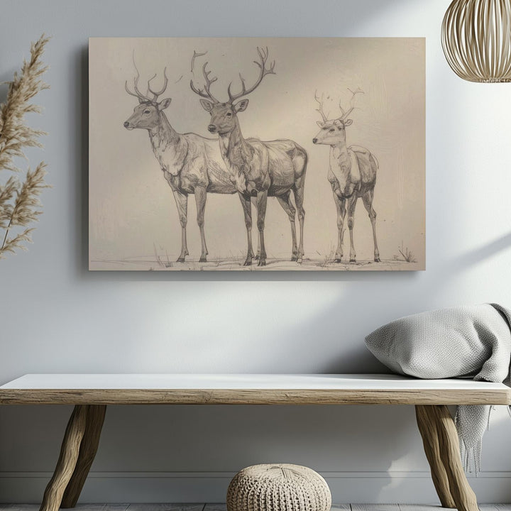 Minimalist Reindeer Trio Canvas – Whimsical Black Line Winter Art - Gifitto