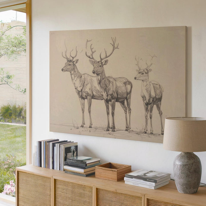 Minimalist Reindeer Trio Canvas – Whimsical Black Line Winter Art - Gifitto