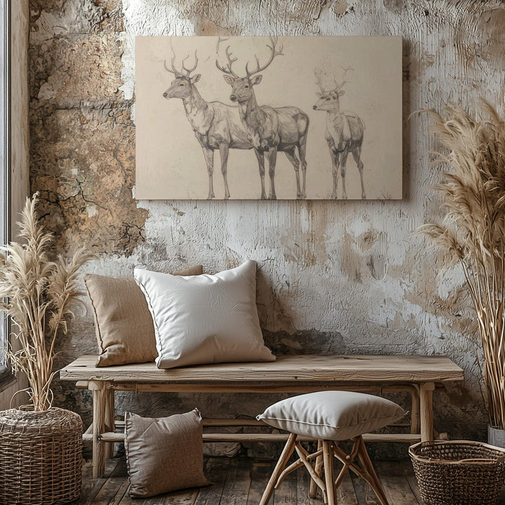 Minimalist Reindeer Trio Canvas – Whimsical Black Line Winter Art - Gifitto
