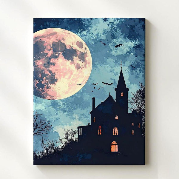 Minimalist Haunted House Canvas – Pastel Moon & Twilight Halloween Art - Gifitto