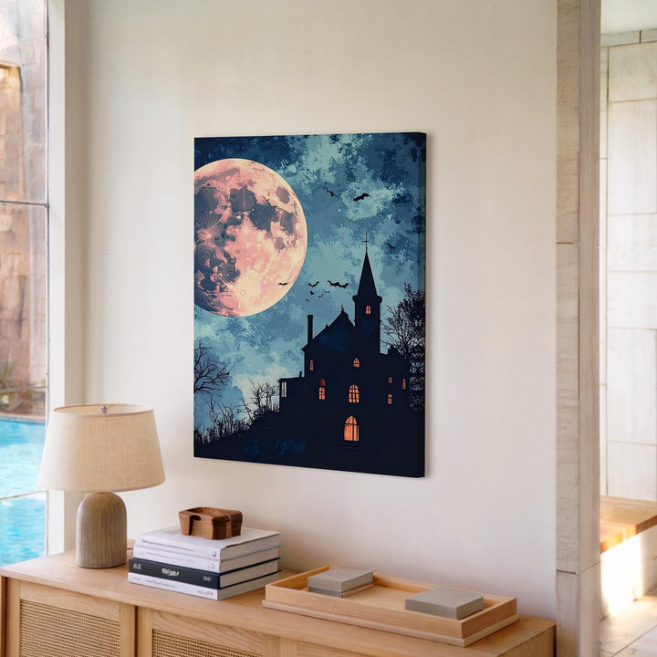 Minimalist Haunted House Canvas – Pastel Moon & Twilight Halloween Art - Gifitto